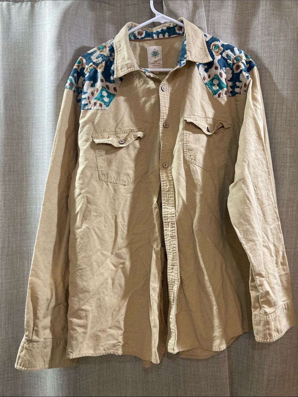 The Territory Ahead Tan Shirt Jacket with Teal Patterned Shoulder Accents